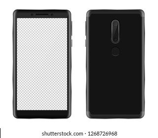 Realistic smartphone mockup on white background isolated vector illustration. Black phablet with blank screen view from front and back.