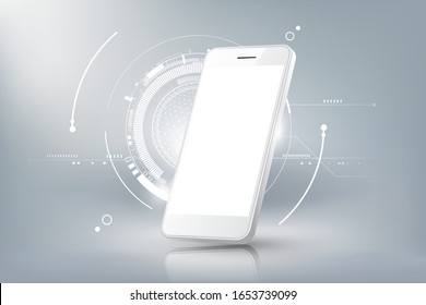 Visión de perspectiva realista de smartphone con plantillas aisladas en pantalla en blanco y concepto de tecnología futurista, fondo abstracto de teléfono móvil, ilustración vectorial