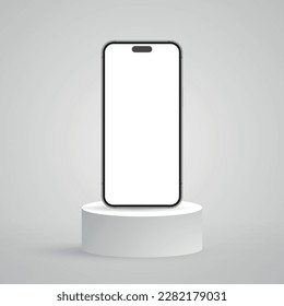 Realistic smartphone mockup with podium, high quality mobile phone front view, empty screen vector mockup