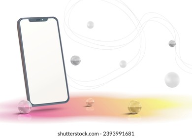 Realistic smartphone mockup scene with 3D glass balls and gradient vector