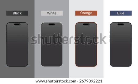 Realistic Smartphone Mockup Set – 3D Mobile Phone Front View with Shadow, High Quality Vector Device for UI UX Presentation, Black, White, Orange, Blue Frame Smartphone. Vector.