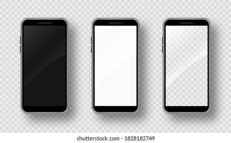 Realistic smartphone mockup set. Cellphone frame with blank display. Isolated vector illustration