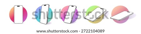Realistic Smartphone Mockup Set with Colorful Gradient Circles. Blank Screen Mobile UI and UX Presentation Templates, 3D Isometric Cell Phone Frames in Multiple Angles Vector Illustration