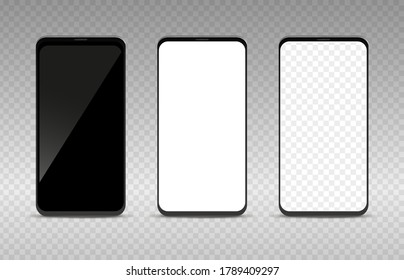 Realistic smartphone mockup set. Empty black white and transparent blank mobile phone template, cellphone display front view collection, digital device screen vector isolated illustration