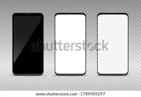 Realistic smartphone mockup set. Empty black white and transparent blank mobile phone template, cellphone display front view collection, digital device screen vector isolated illustration