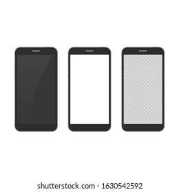 Realistic smartphone mockup set, isolated on white background. Mobile phone blank, white, transparent screen design. Vector illustration EPS 10.
