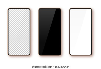 Realistic smartphone mockup set. Mobile phone blank, white, transparent screen design Modern digital device template Cellphone display front view mock up. Rose gold frame. Isolated vector illustration