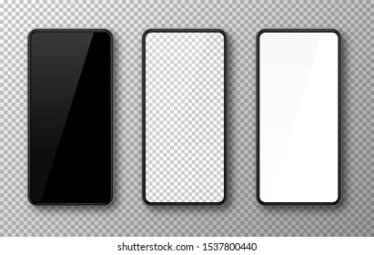 Realistic smartphone mockup set. Mobile phone blank, white, transparent screen design. Modern digital device template. Cellphone display front view mock up. Black frame. Isolated vector illustration