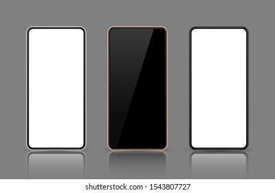 Realistic smartphone mockup set. Mobile phone mock up screen for your design. Modern digital device template. Cellphone display front view. Black, rose gold, white frame. Isolated vector illustration