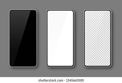 Realistic smartphone mockup set. Mobile phone blank, white, transparent screen design. Modern digital device template. Cellphone display front view mock up. White frame. Isolated vector illustration