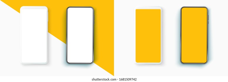 Realistic smartphone mockup set. Mobile phone blank, white. Device UI/UX mockup for presentation template. Smartphone isolated blank screen vector