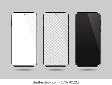 Realistic smartphone mockup set. Mobile phone blank, white, transparent screen design mock up. Isolated vector illustration