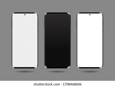 Realistic Smartphone Mockup Set. Mobile Phone Blank, White, Transparent Screen Design Mock Up. Smartphone Vector Illustration