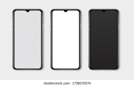 Realistic smartphone mockup set. Mobile phone blank, white, transparent screen design mock up. Isolated vector illustration