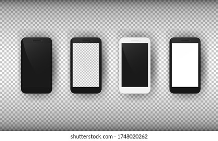 Realistic smartphone mockup set. Mobile phone with blank screen. Cell phone display front view mockup. EPS 10 vector