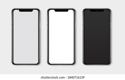 Realistic Smartphone Mockup Set. Mobile Phone Blank, White, Transparent Screen Design Mock Up. Isolated Vector Illustration