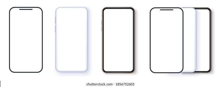 Realistic smartphone mockup set. Mobile phone blank, white, white screen design. Modern digital device template. Modern cell phones template on white background. Illustration of device 3d screen