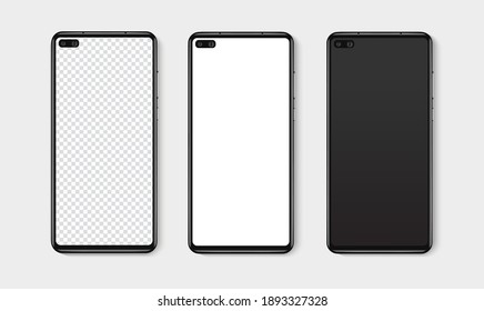 Realistic smartphone mockup set. Mobile phone blank, white, transparent screen design mock up. Isolated vector illustration	