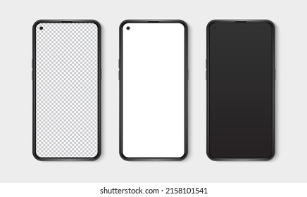 Realistic smartphone mockup set. Mobile phone blank, white, transparent screen design mock up. Isolated vector illustration