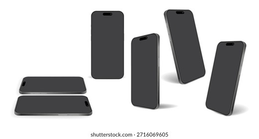 Conjunto de maqueta realista de teléfono inteligente en múltiples ángulos: dispositivo de teléfono móvil moderno con pantalla en blanco, vistas frontales, laterales y de Perspectiva aisladas sobre fondo blanco