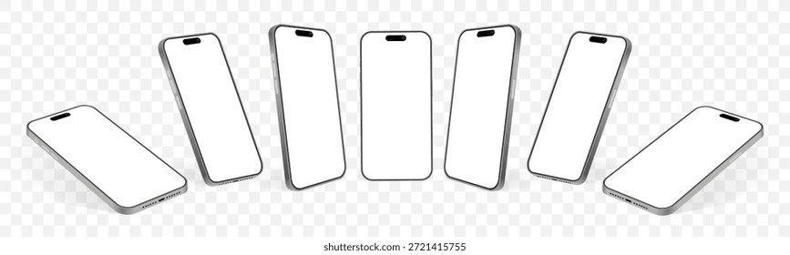 Conjunto de maqueta realista de teléfono inteligente en múltiples ángulos: Plantillas de teléfono móvil de pantalla en blanco, vistas frontal y de Perspectiva, Vector de dispositivo moderno aislado en fondo transparente