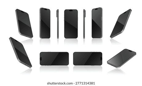 Realistic Smartphone Mockup Set Multiple Angles Modern Black Mobile Phone Front Side Perspective Views Device Template Vector Illustration