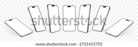 Realistic Smartphone Mockup Set in Multiple Angles – Blank Screen Mobile Phone Templates, Front and Perspective Views, Modern Device Vector Isolated on Transparent Background