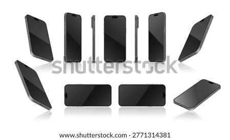 Realistic Smartphone Mockup Set Multiple Angles Modern Black Mobile Phone Front Side Perspective Views Device Template Vector Illustration