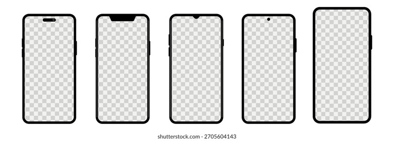Conjunto de maqueta de teléfono inteligente realista. Vector de colección de maqueta de pantalla de teléfono inteligente con pantalla en blanco aislado sobre fondo blanco