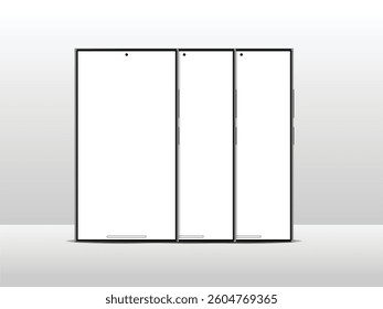Realistic Smartphone Mockup Set. Three Modern Mobile Phone Designs with White Screen, Isolated on Background for Digital Presentation