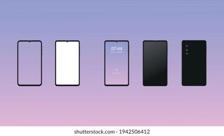 Realistic Smartphone Mockup Set, UI UX Design, Blank Mobile Phone, White, Transparent Screen, Cellphone Display Front view Mock Up, Black Frame, Isolated Vector illustration
