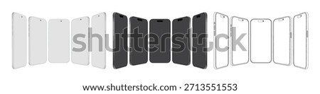 Realistic Smartphone Mockup Set Vector – White, Black and Outline Mobile Phone Frames with Side Views and Perspective Angles, Blank Screen Device Template Isolated on White Background