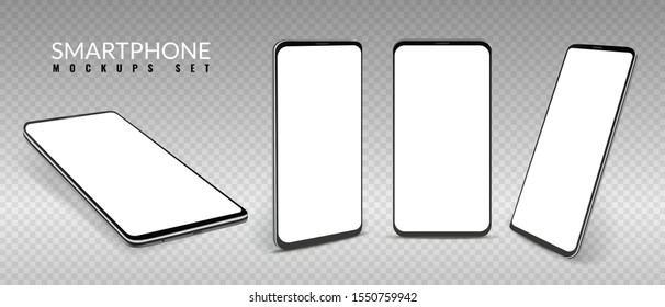 Realistic smartphone mockup. Smartphones in different view angles, frameless blank mobile phone, modern cell phones template 3d vector isometric front concept cellphone set