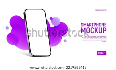 Realistic smartphone mockup template. Template of cell phone with blank display isolated on white background with abstract 3d morphing colorful blobs. Side view on mobile device. Vector.