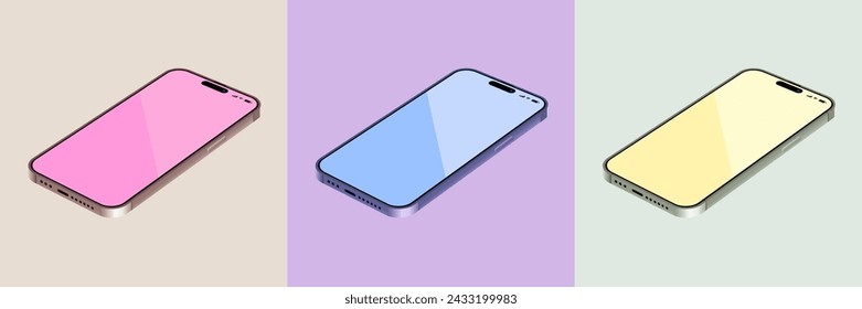 Realistic smartphone mockup templates UIUX mockups designed for presentations. Pink, blue and Yellow golden smart phone and mobile phone frames with blank displays with various angles. Vector.