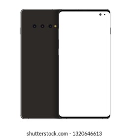 Realistic smartphone mockup with thin frames and blank white screen isolated. Back and front view realistic on white background