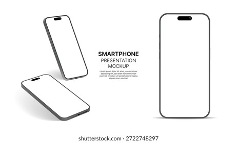 Smartphone realista Mockup Vetor - 3D Mobile Phone Front View com Sombra, Isolado em Branco, Apresentação de UI ou UX de alta qualidade