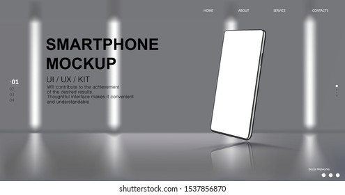 Realistic Smartphone Mockup with website elements interface and  on a light background, futuristic room, blur effect. 3D realistic Cell phone Mockup. Mobile phone for a presentation. Vector Smartphone