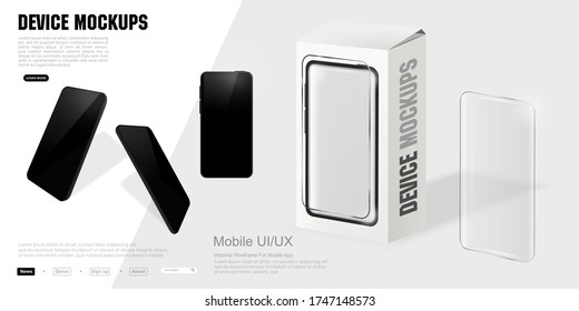 Broma de smartphones realista. Diseño de caja blanca, vista lateral. Marco de teléfono móvil con pantalla en blanco y plantillas aisladas de vidrio de seguridad, retratadas en la superficie de una caja blanca. Ilustración del vector
