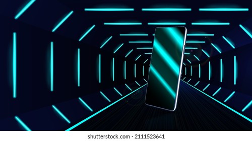 Realistic smartphone on neon background. Mobile phone with blank screen. Neon laser beam and cellphone for presentation product - App, UI, UX. 3D realistic gadget with neon background. Vector phone