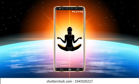 Realistic smartphone in outer space. Silhouette of a woman in the Lotus position on the screen. Sunrise on the horizon of planet earth. Photorealistic 3d vector illustration.