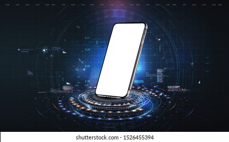 Realistic smartphone in perspective mockup with futuristic technology concept, mobile phone abstract background . 3D realistic cell phone. Vector futuristic illustration