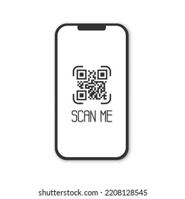 Realistic smartphone with qr code scanner. Scan me.