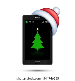 Realistic smartphone with Santa hat and Christmas tree on screen. Vector.