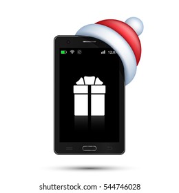 Realistic smartphone with Santa hat and gift on monitor screen. Vector.