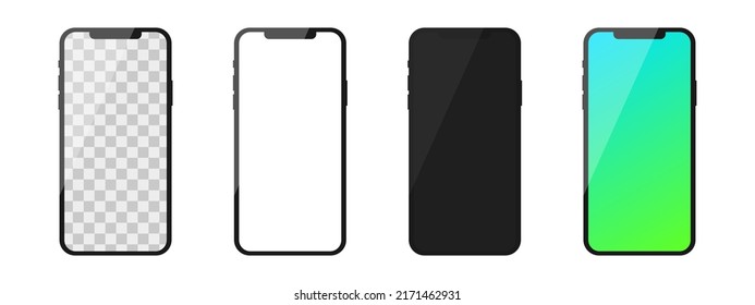 Realistic smartphone screen mockup. Set of transparent and blank screens. Vector illustration