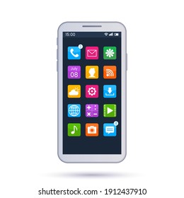 realistic smartphone screen page layout with different buttons. bright smartphone home screen interface template. phone display illustration with search and app icons
