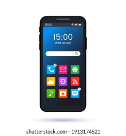 realistic smartphone screen page layout with different buttons. bright smartphone home screen interface template. phone display illustration with search and app icons