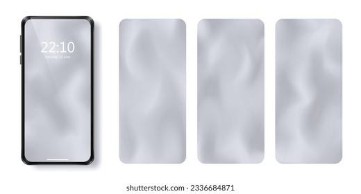 Realistic smartphone and set of abstract display backgrounds with blurred grey gradient. Vibrant fluid smoky phone wallpaper. Mock up of empty modern digital gadget backdrop, screensaver, lock screen