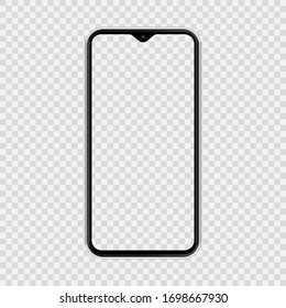 Realistic Smartphone The Shape Of A Modern Mobile Phone Designed 2020 To Have A Thin Edge Tear Drop Camera. Mockup Empty Screen, Isolated On Transparent Background. Vector Illustration.